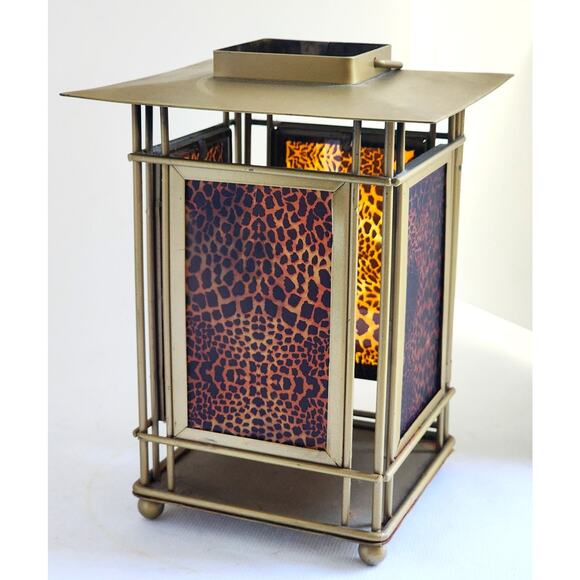 CANDLE HOLDER/Gold Tone-Leopard Glass Sides, Handle to Hang, Latch Door - Picture 3 of 11